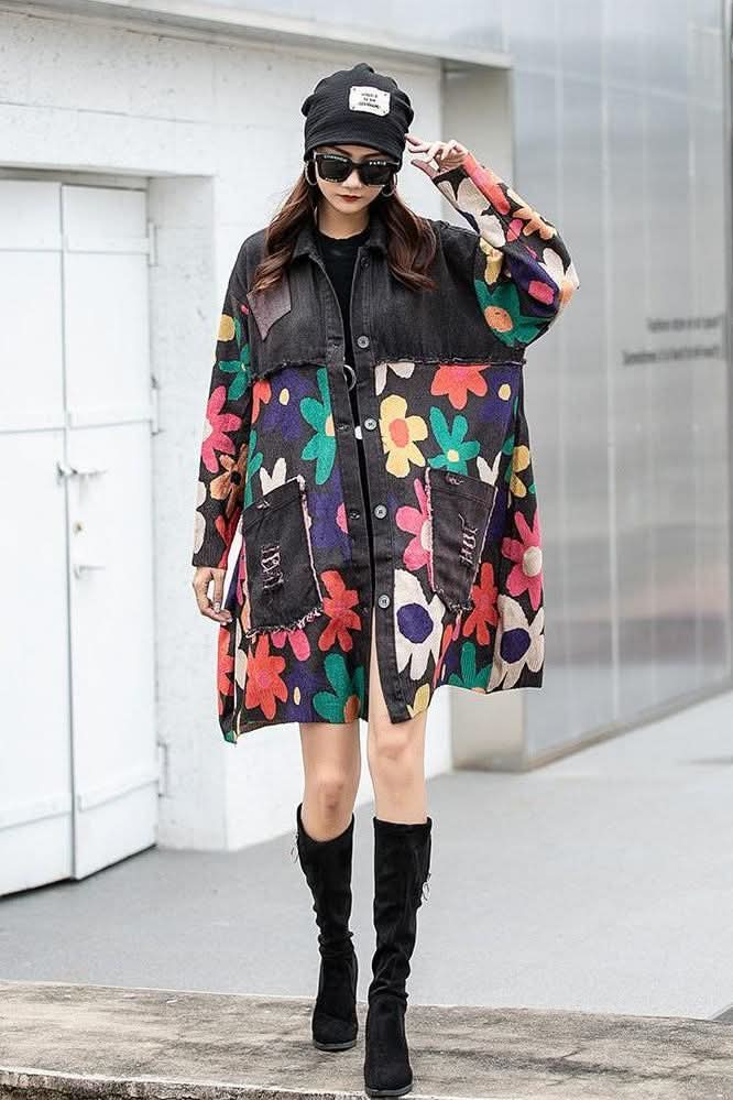 Printed spliced denim lapel jacket - Front View