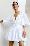 White satin high waist lantern puff sleeve dress.