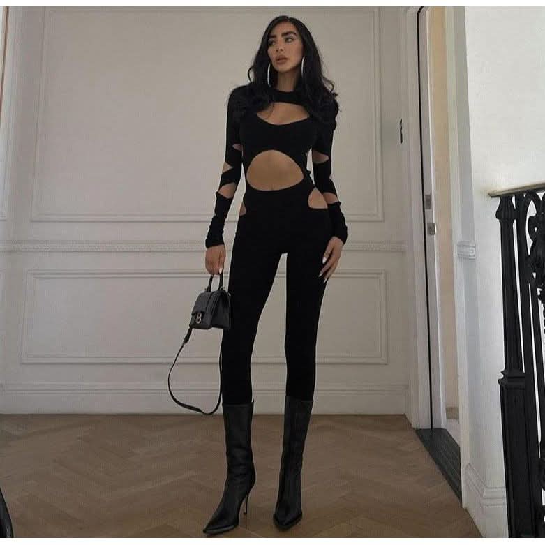 Hollow out navel long-sleeved slim jumpsuit - Front View