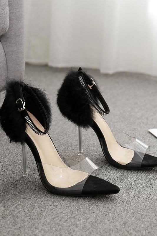 Crystal heel rhinestone rabbit fur sandals - Image 5