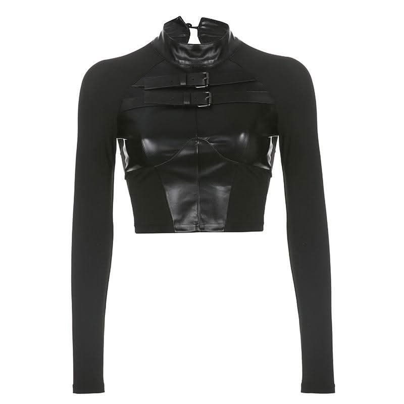 Street Motorcycle Style PU Leather Mesh Stitching T-shirt - Detail