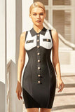 black stack collar button evening dress.