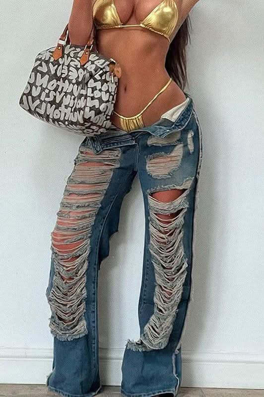 Ripped old straight jeans - Side View