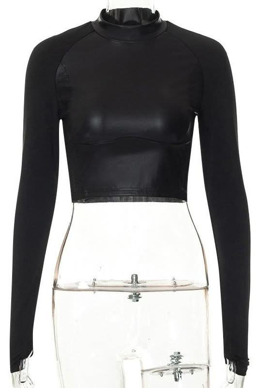Long-sleeved splicing short PU leather top - Image 5