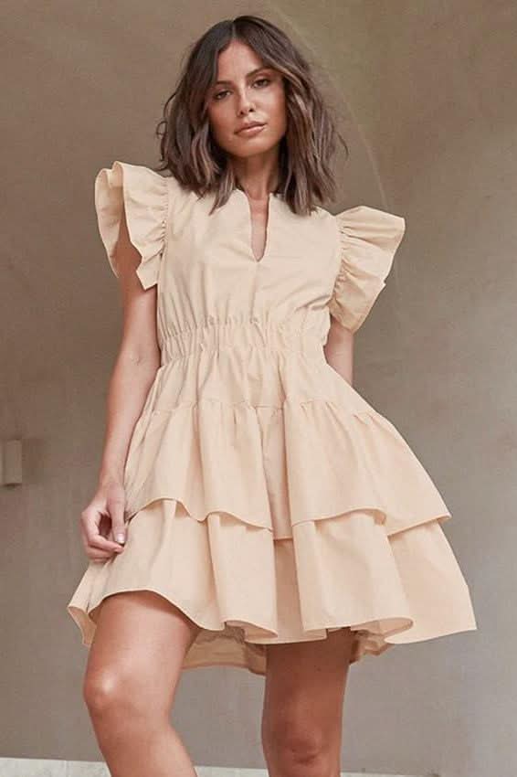 Hollow cake skirt U-neck lotus leaf sleeves cotton dress - Detail