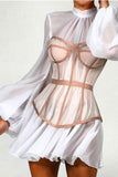 Lantern sleeve chiffon stitching A-line corset dress