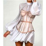 Lantern sleeve chiffon stitching A-line corset dress