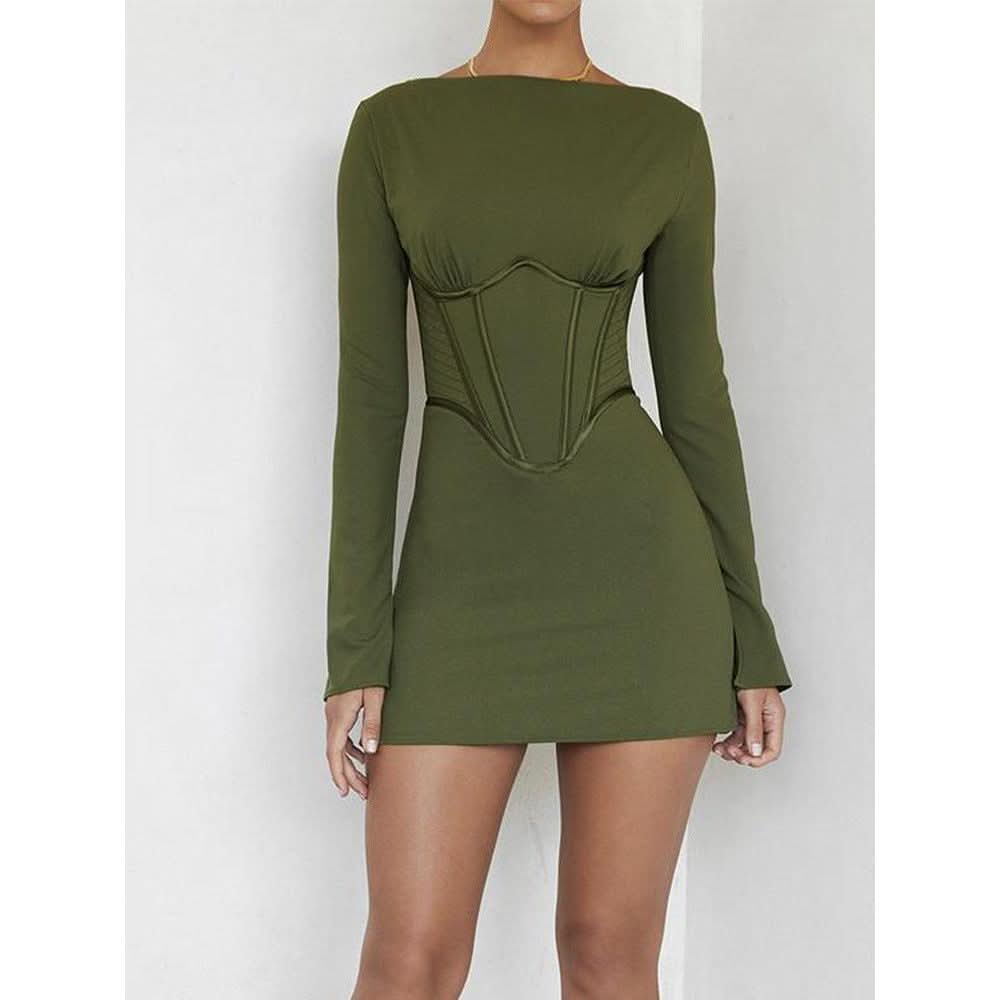 Long-sleeved fish bone waist slim backless dress - Side View