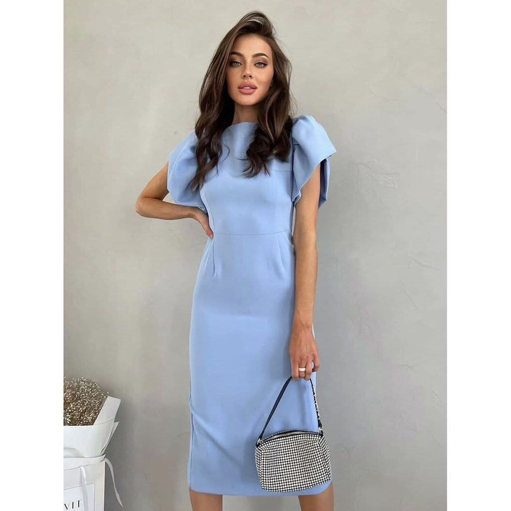 French blue puff sleeve dress - Side View