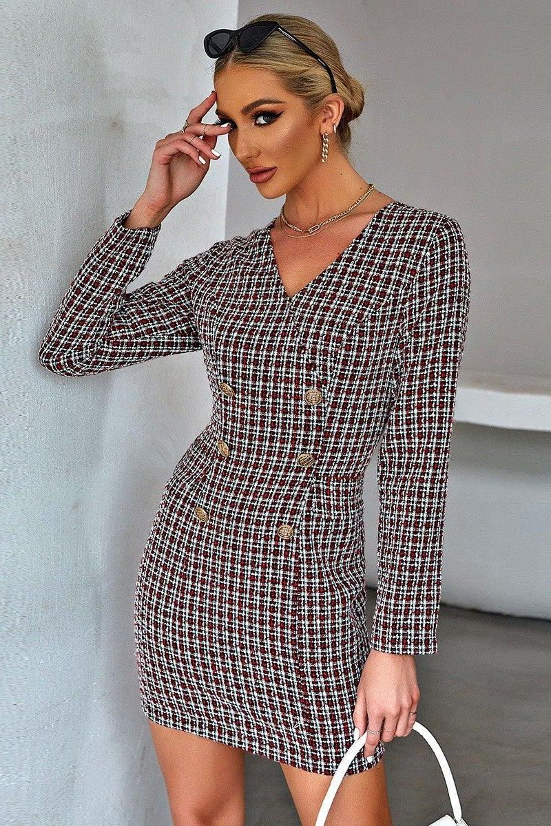 Double-breasted slim waist short dress.
