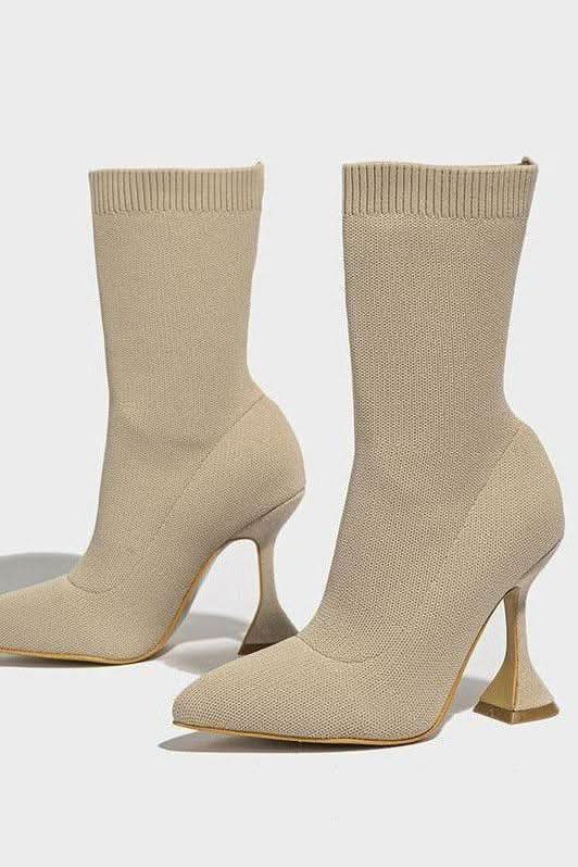 Knitted pointed toe mid-tube ankle boots - Side View