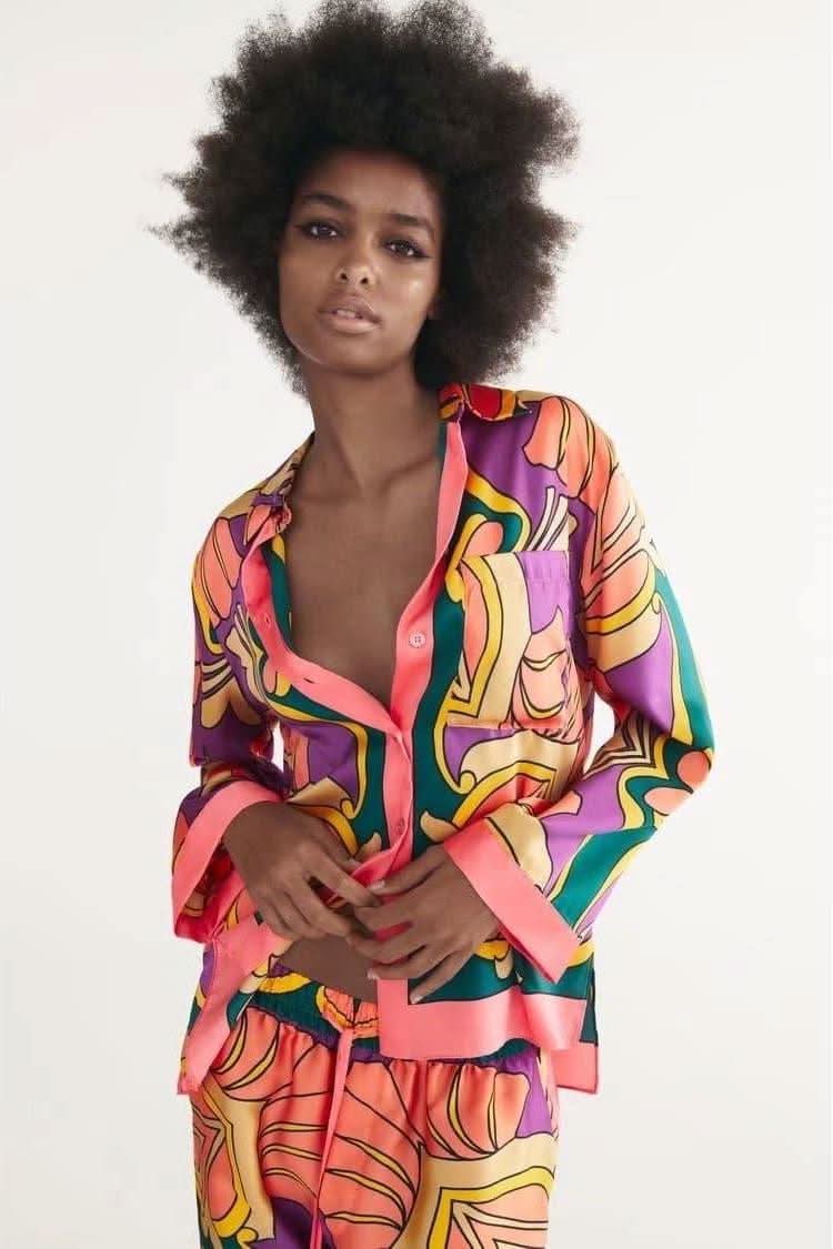 Lapel single-breasted decorated shirt and pants - Detail