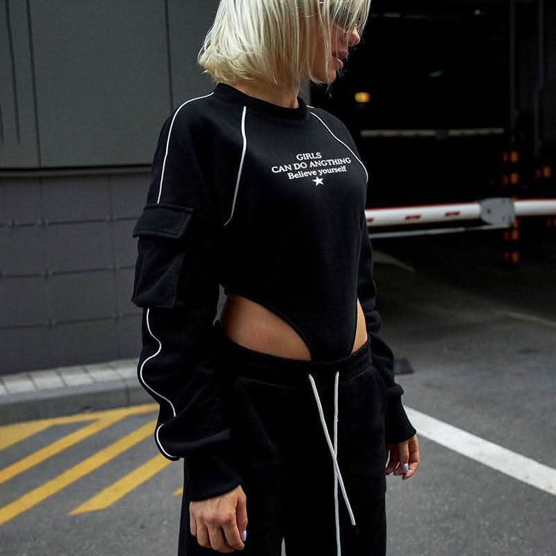 Black Bodysuit with sleeve pocket and raglan print - Detail