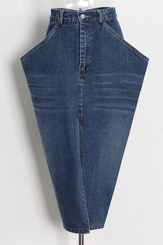 Street Style Long Inverted Triangle Denim Skirt.