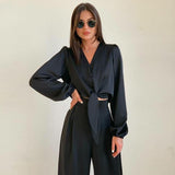 Two-piece casual suit V neck and high waist trousers