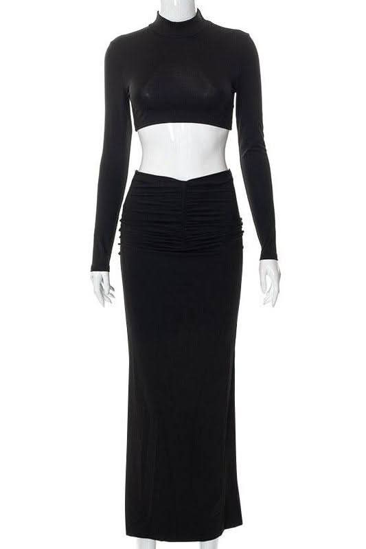 Casual Long Sleeve Stand Collar Long Skirt Suit - Image 6