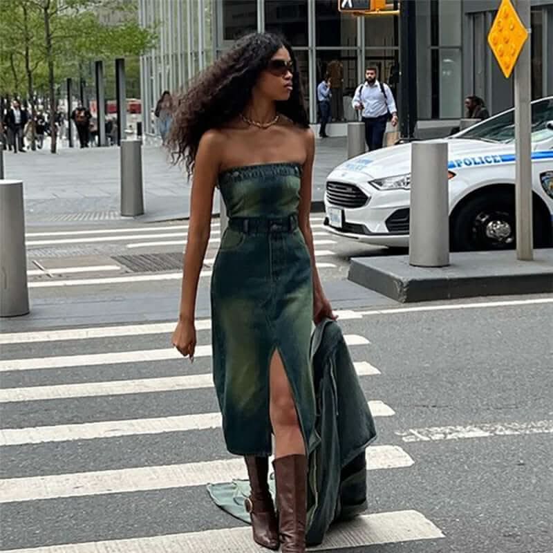 American slim fit navel strap denim tube two piece dress - Front View