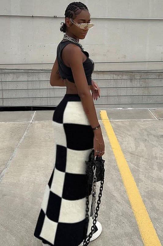 High waist slim slit bag hip checkerboard skirt - Detail