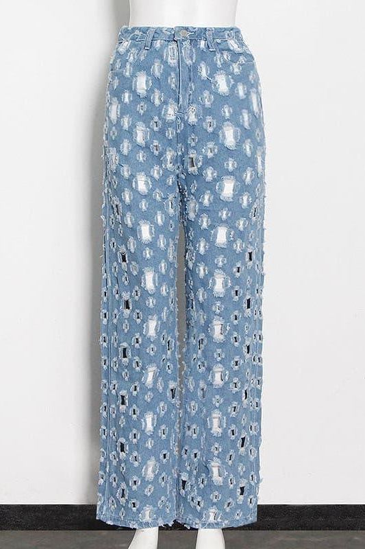 Street trendy ripped hole raw edge jeans.