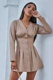 V-neck fold waist button shirt dress.