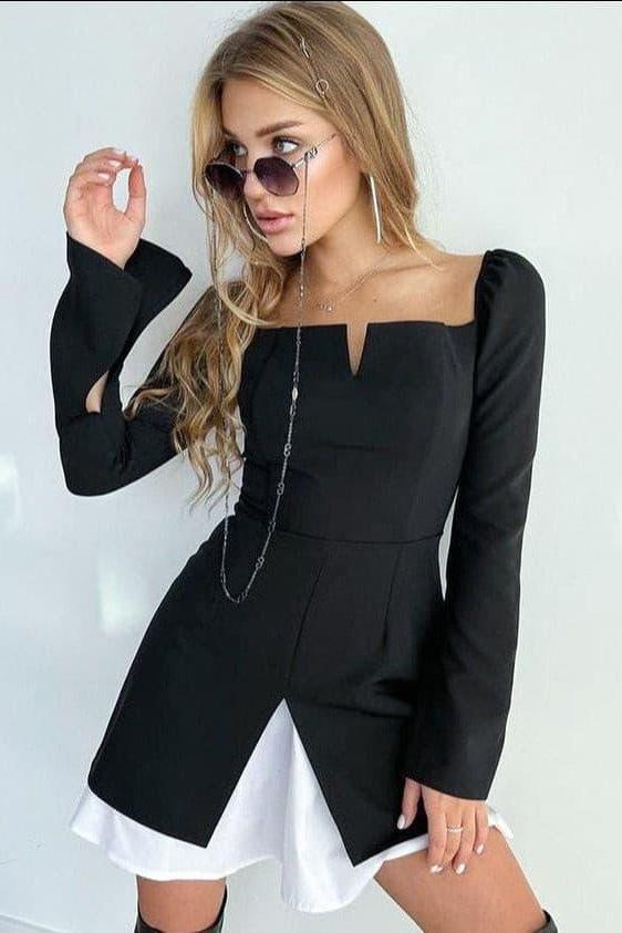 Puff sleeves square neck slits dress.