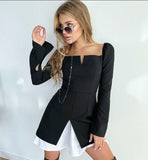 Puff sleeves square neck slits dress.