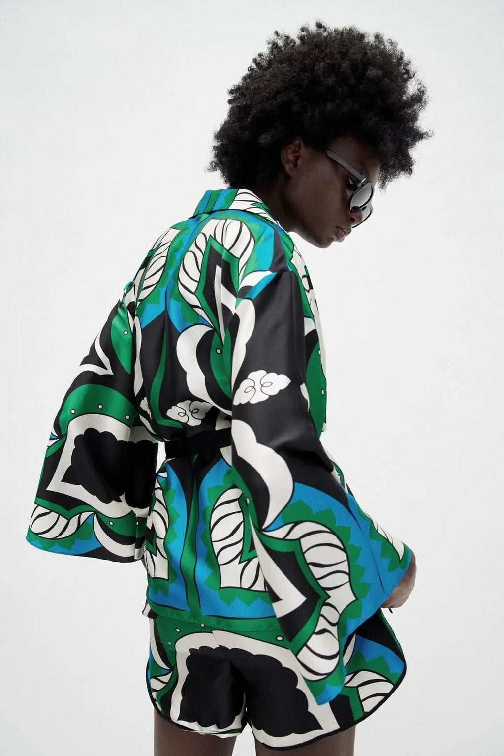 Bermuda print three-piece long-sleeved shirt loose suit - Side View