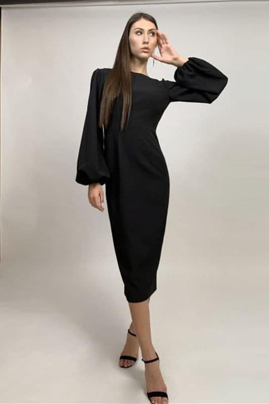 Lantern sleeves bag hip slim mid dress - Image 4