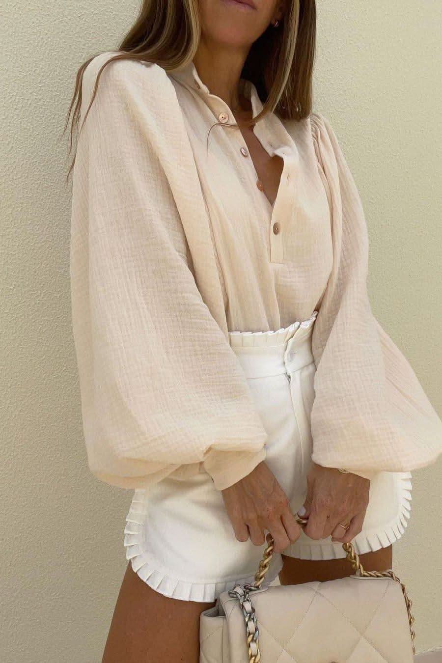Wrinkled cotton and linen lantern sleeve shirt - Detail