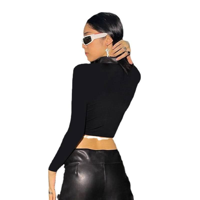 Street Motorcycle Style PU Leather Mesh Stitching T-shirt - Image 6