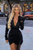 Deep V Suit Collar Long Sleeve Tie Dress