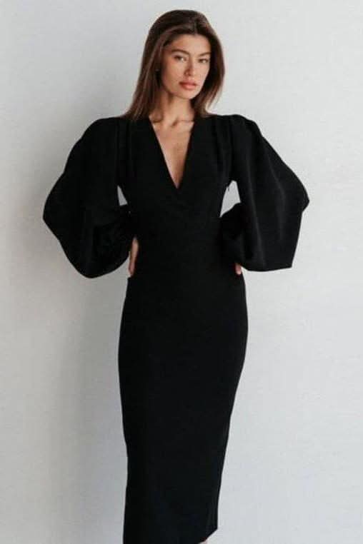 Long deep V-neck lantern sleeve hip dress - Front View