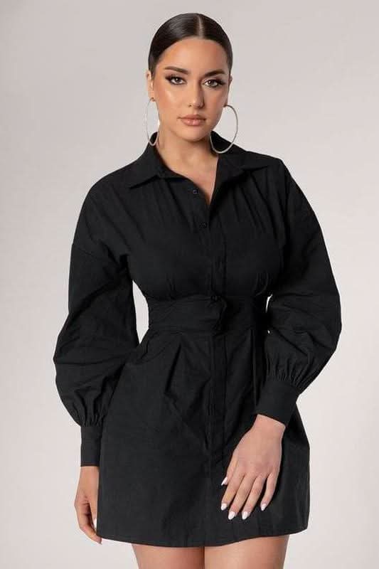 Belted tie shirt long sleeve dress - Side View