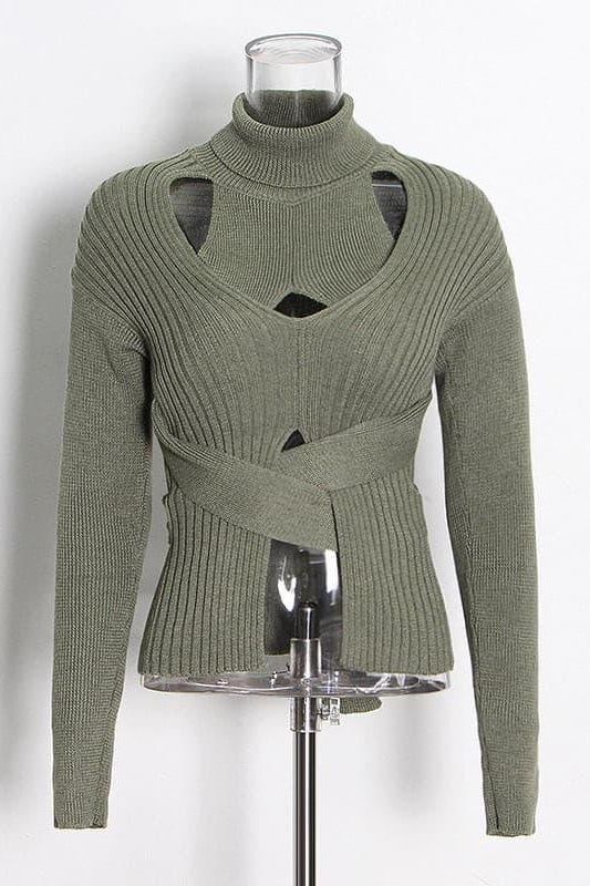 Hollow high neck tie elastic slim short sweater.