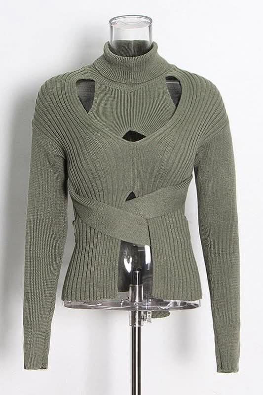 Hollow high neck tie elastic slim short sweater.