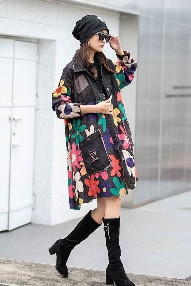 Printed spliced denim lapel jacket - Image 4