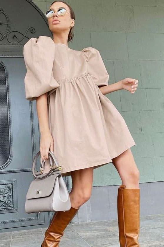 Loose puff sleeves cotton dress - Front View