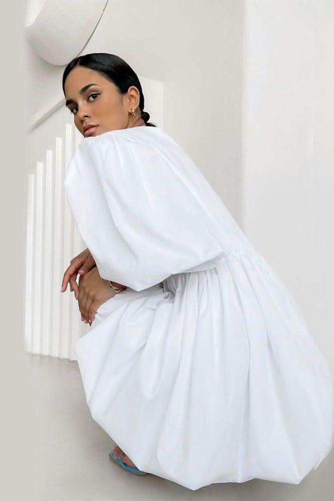 White satin high waist lantern puff sleeve dress - Image 4