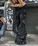 Dark punk style trendy design smudged loose jeans