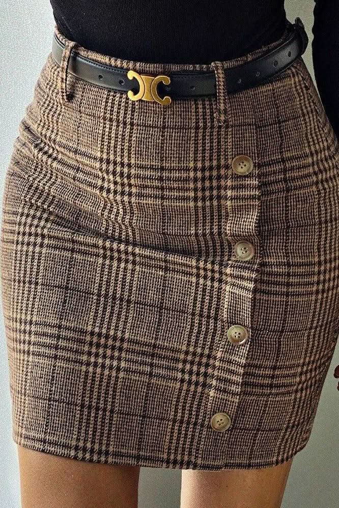 Woolen houndstooth high waist slim skirt - Detail
