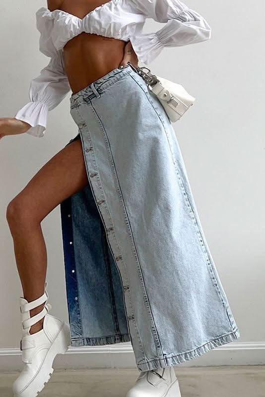 American retro slit denim long skirt - Side View