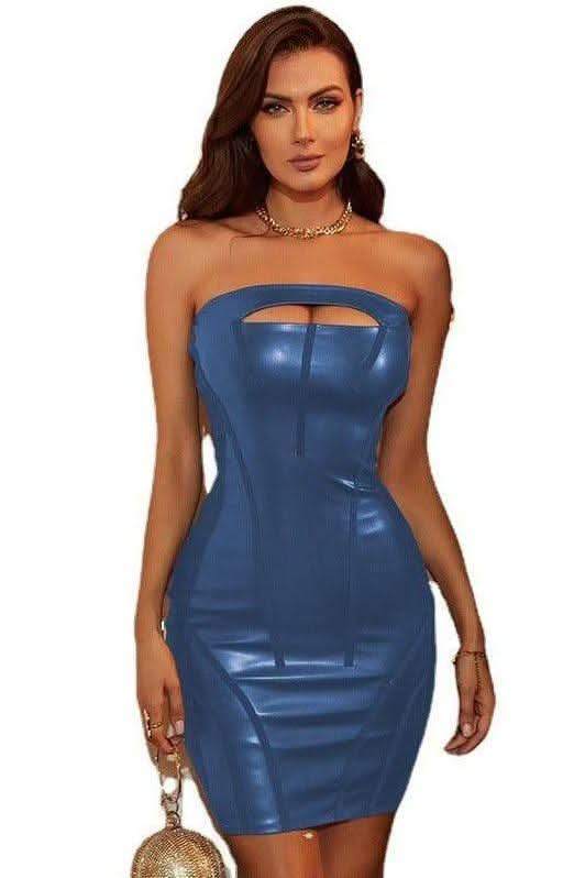 Black net bandage tube top short leather dress - Image 7