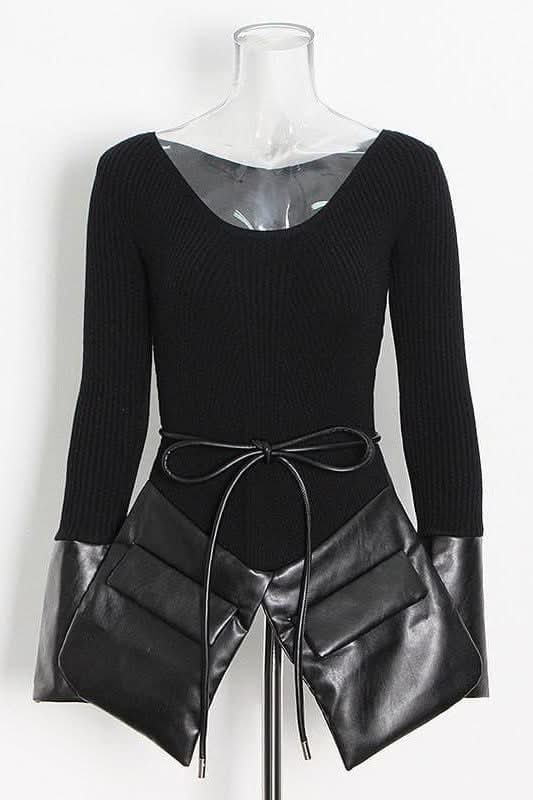 Irregular stitching knitted leather round neck slim sweater - Detail