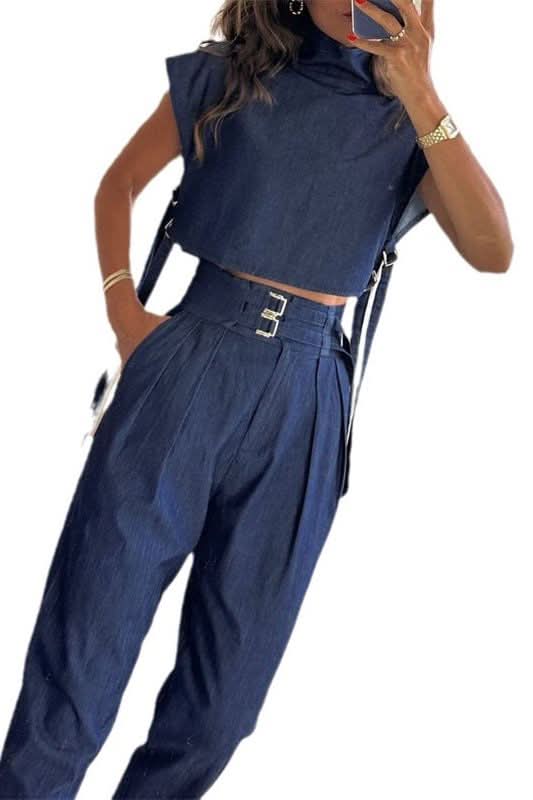 Casual Belt Decorative High-neck Short-Sleeved Suit - Image 5