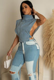 High collar sleeveless denim short vest