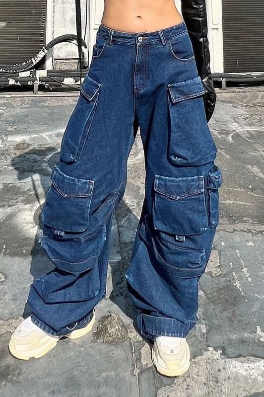 Denim Parachute Loose Pants - Front View