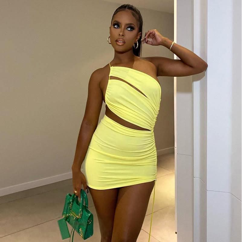 One Shoulder Straps Irregular Drawstring Bag Dress - Detail