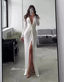 Sexy Slit V Neck Long Sleeve Bodycon Pleated Dress