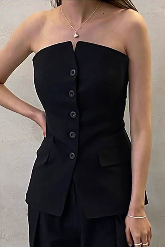 Black Sleeveless long Vest - Front View