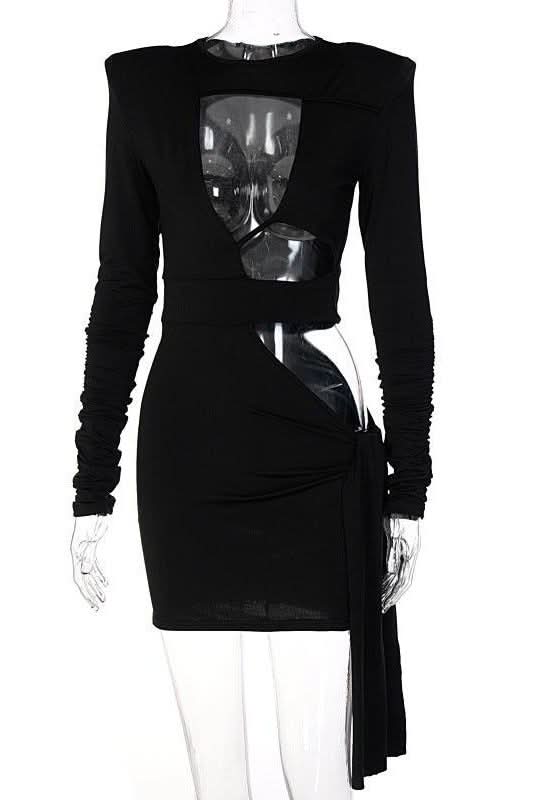 Hollow stitching shoulder pad dress.